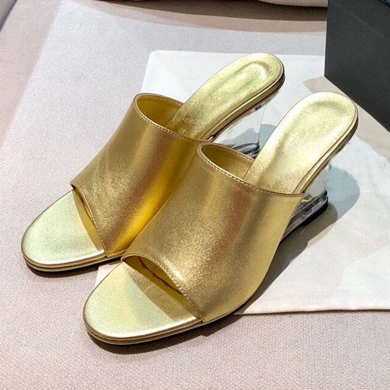 

2021 Summer New Peep Toe Women's Slippers Luxury Branded Clear Wedges Shoes Runway Genuine Leather Slip On Sliders Pumps Sandal