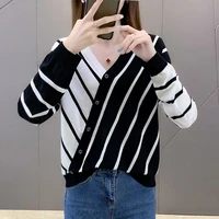 plus size 4xl loose button patchwork striped knitted pullovers women korean style non symmetrical knitwear tops spring sweaters