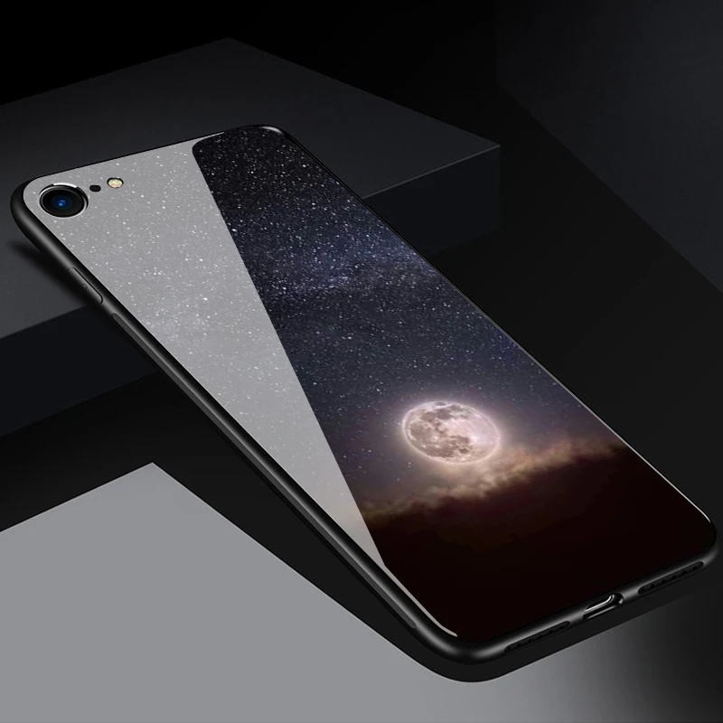 Тонкое закаленное стекло+ мягкая силиконовая рамка задняя крышка для iphone XM XS XR X 8 7 6 6S Plus чехол с изображением Луны и звездным принтом чехол для телефона s - Цвет: type 10