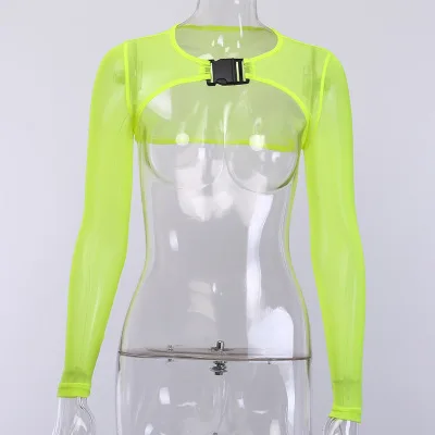 noen yellow Неоновый розовый сетчатый короткий топ с пряжкой и длинным рукавом Mujer Уличная Сексуальная футболка женская мода лето черная оранжевая укороченная футболка - Цвет: noen yellow