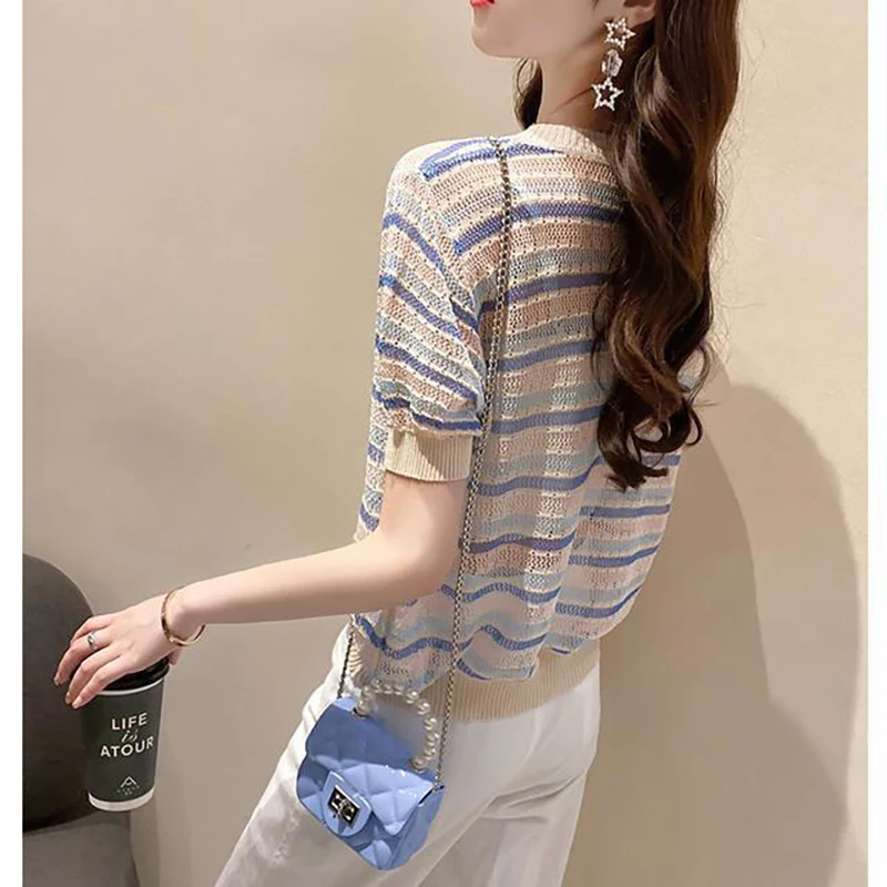 

Well-Pro Summer Loose Women T-shirt Hollow Out Colorful Stripe Knitted Top Short Sleeve