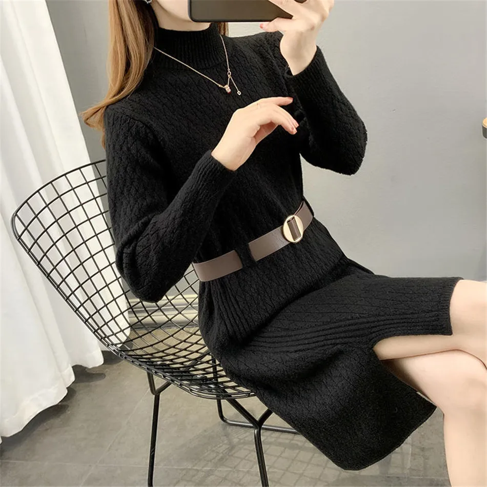 

Женское трикотажное платье-свитер средней длины, однотонное трикотажное платье средней длины с поясом и высоким воротником, модель TT0825 в Ко...