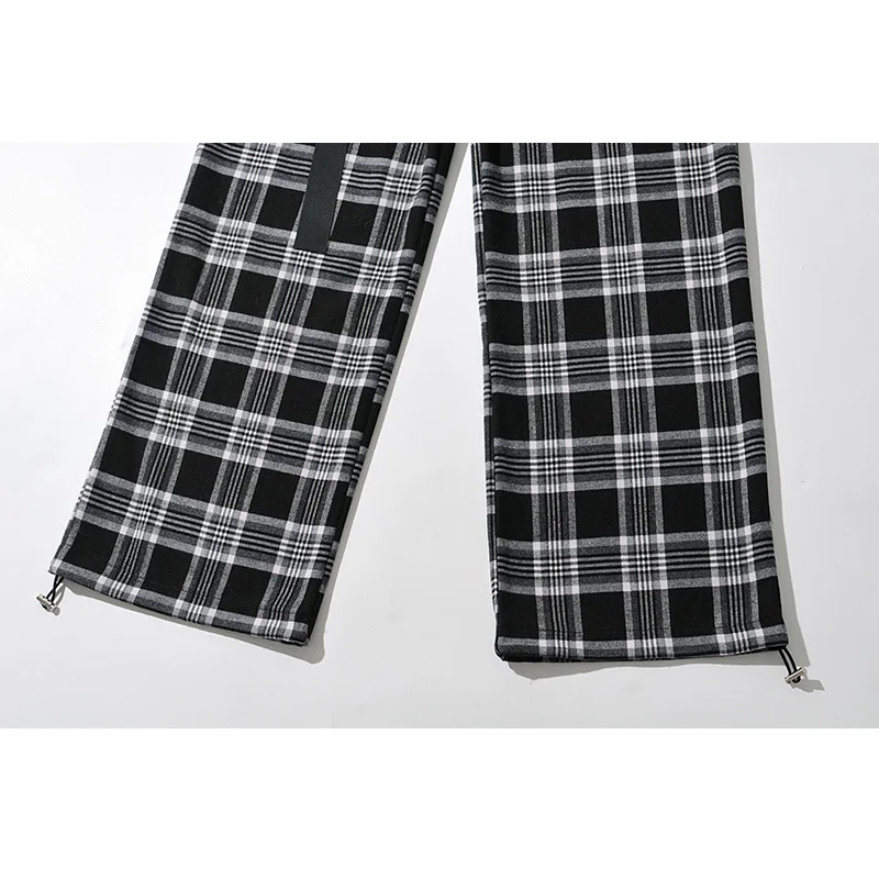 

Vintage plaid pants women winter trousers streetwear women cargo pants eleatic high waist pants black drawstring trousers belt