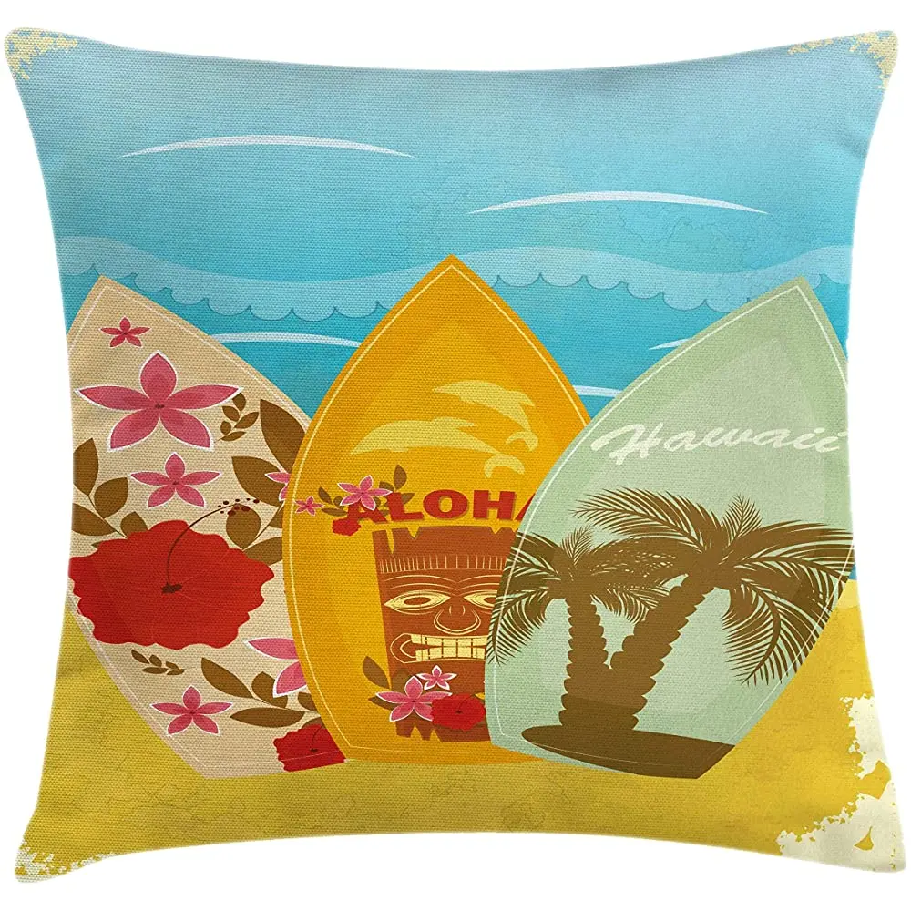 

Jbralid Tiki Bar Throw Pillow Cushion Cover Hawaiian Beach Surfboards on The Sand Exotic Summer Vacation Sport Vintage Style