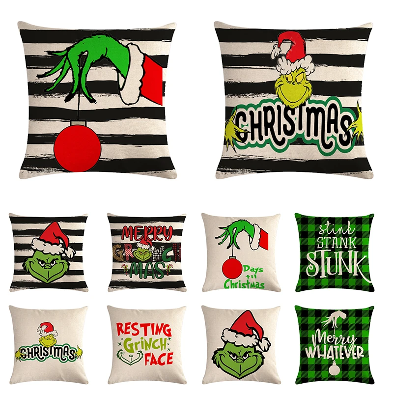 cartoon Christmas green hair strange Grinch linen Throw Pillows Cushion Cover Case for Living Room Decoration J950