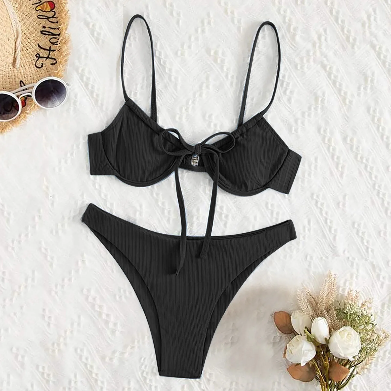 Купальник бандо женский сексуальный Бразильский бикини 2021 однотонный черный