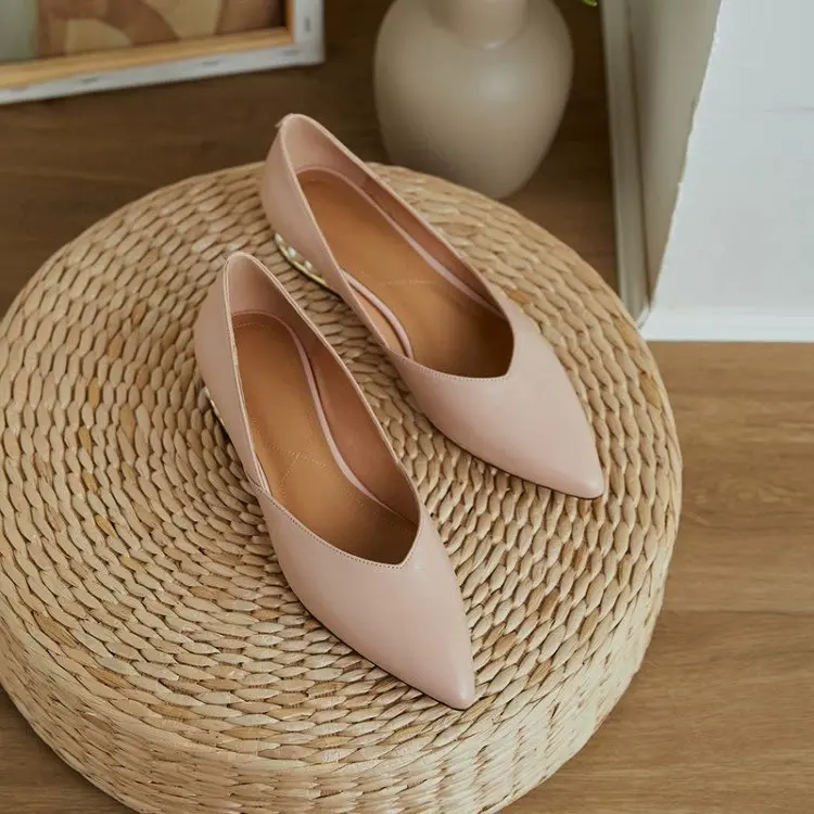 Single-shoe Women's Shallow-mouthed Pointed Shoes Flat Shoes Gentle Hundred Pearl Low-heeled Women's Shoes Autumn