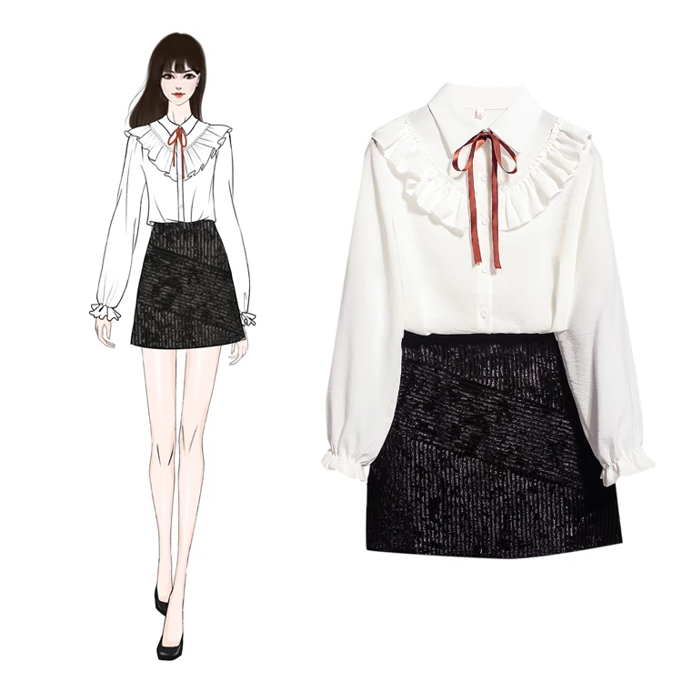 

Autumn New Korean Fashion Lace Bowknot Joker Long-Sleeved Ribbon Shirt & A-Line Skirts Two-Piece Women Clothing Set Vestido