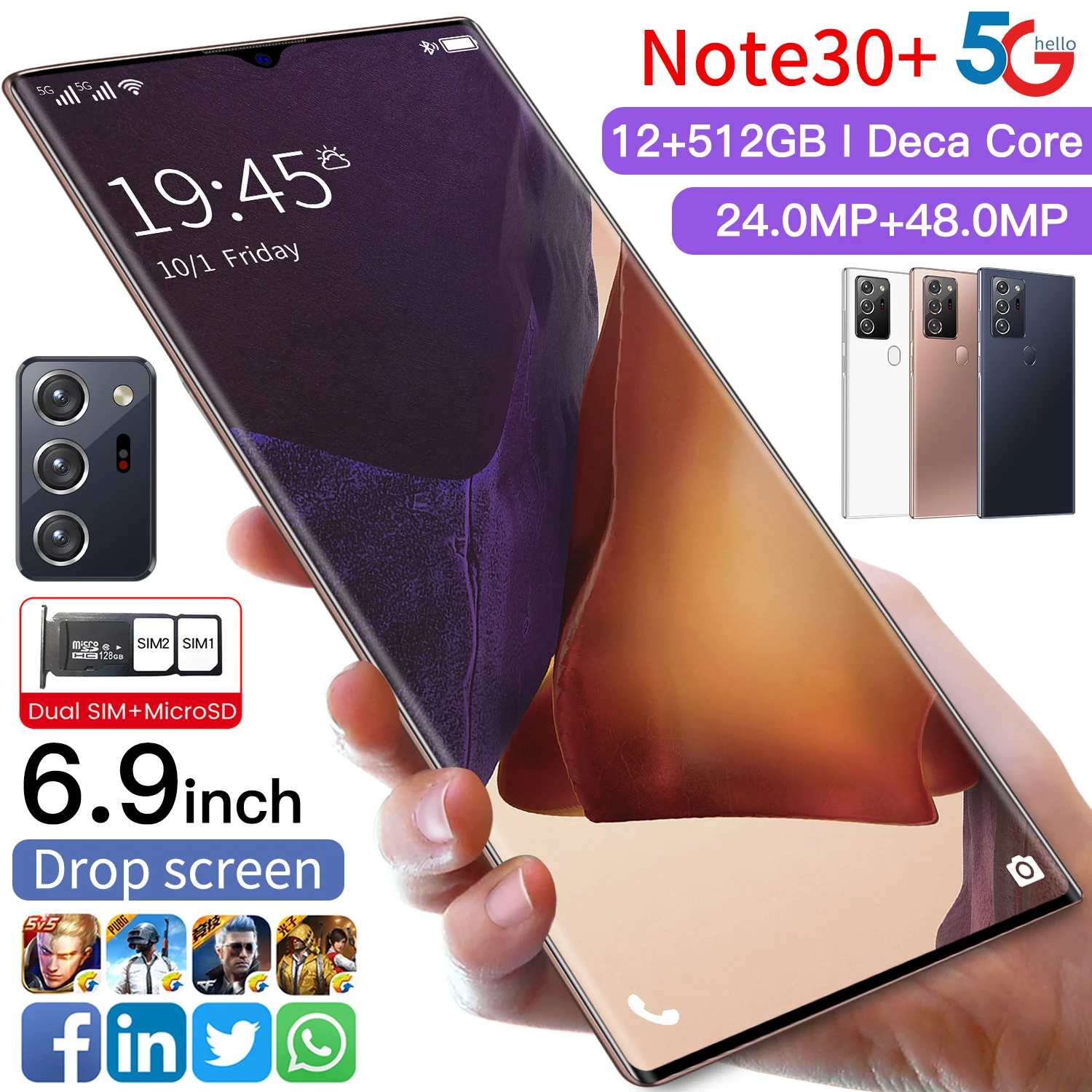 

6.9inch Note30+ 12GB+512GB 24MP+48MP 6000mAh Battery Telephones Android 10.0 5G 10 Core MTK6889 Telephone Double Sim Card