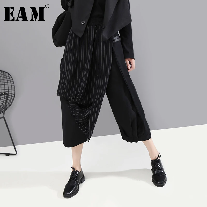 [EAM] High Elastic Waist Striped Black Asymmetric Trousers New Loose Fit Pants Women Fashion Tide Spring Autumn 1A933