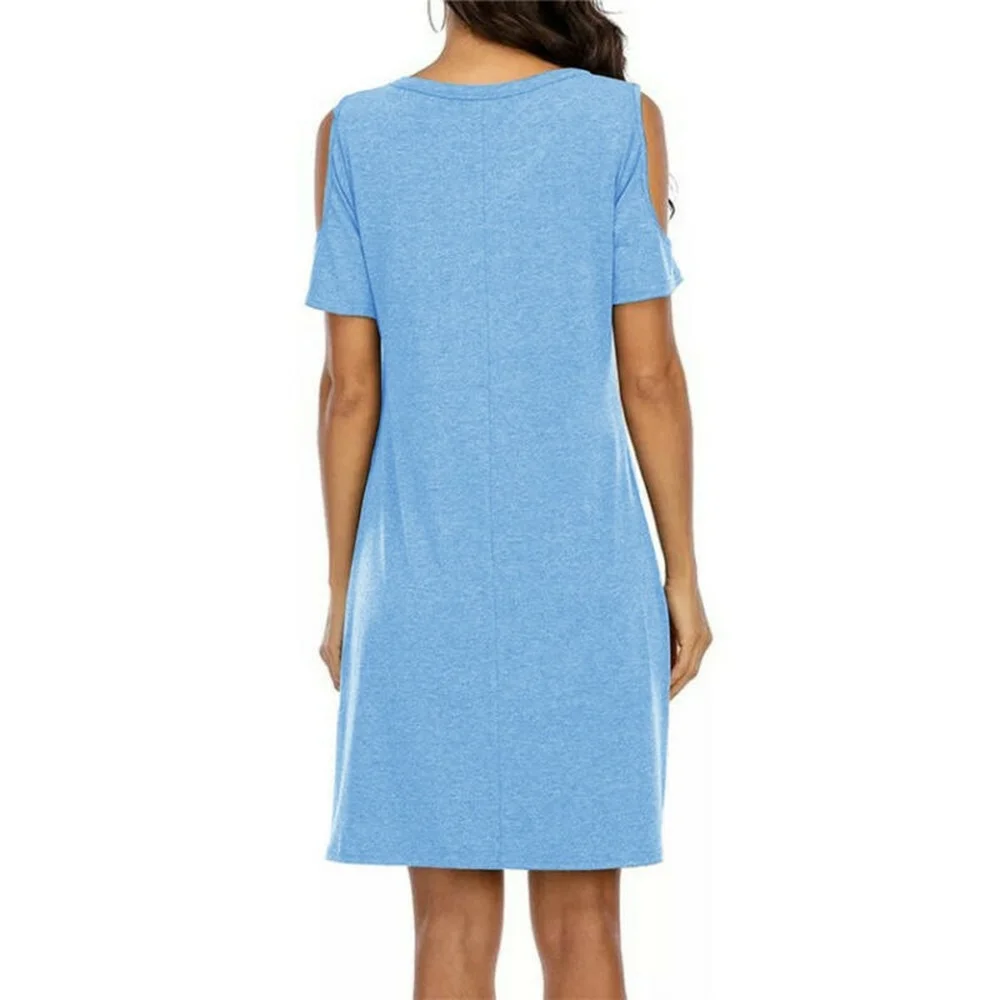 

Womens Plain Short Sleeve Mini Dress Ladies Loose Cold Shoulder Casual Dresses