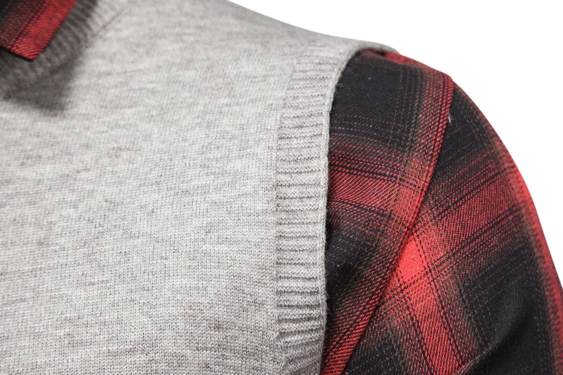 

Autumn Men's False Two-piece Sweater Shirt Red And Black Grid Lapel Thick Warm Long Sleeve Male Stretchy Pullover
