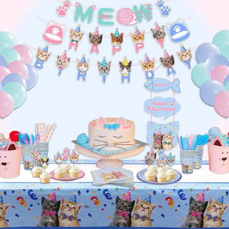 

Cute Cat Theme Birthday Party Decoration Supplies Pet Kitty Paper Cup Plate Napkins Banner Tablecloth Baby Shower Kids Favors