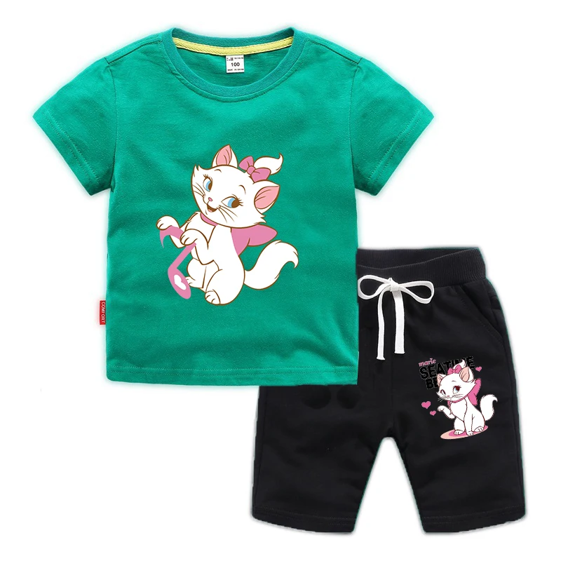 

2021 Summer fashion children's clothing Marie Aristocats Cats boys and girls cartoon set summer T-shirt+Pants For 2-10 year old