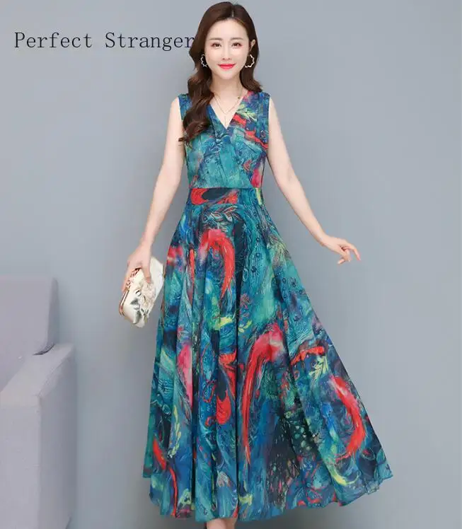 

2021 Summer New Arrival Hot Sale V Collar Collect Waist Flower Printed Sleeveless Women Long Chiffon Dress