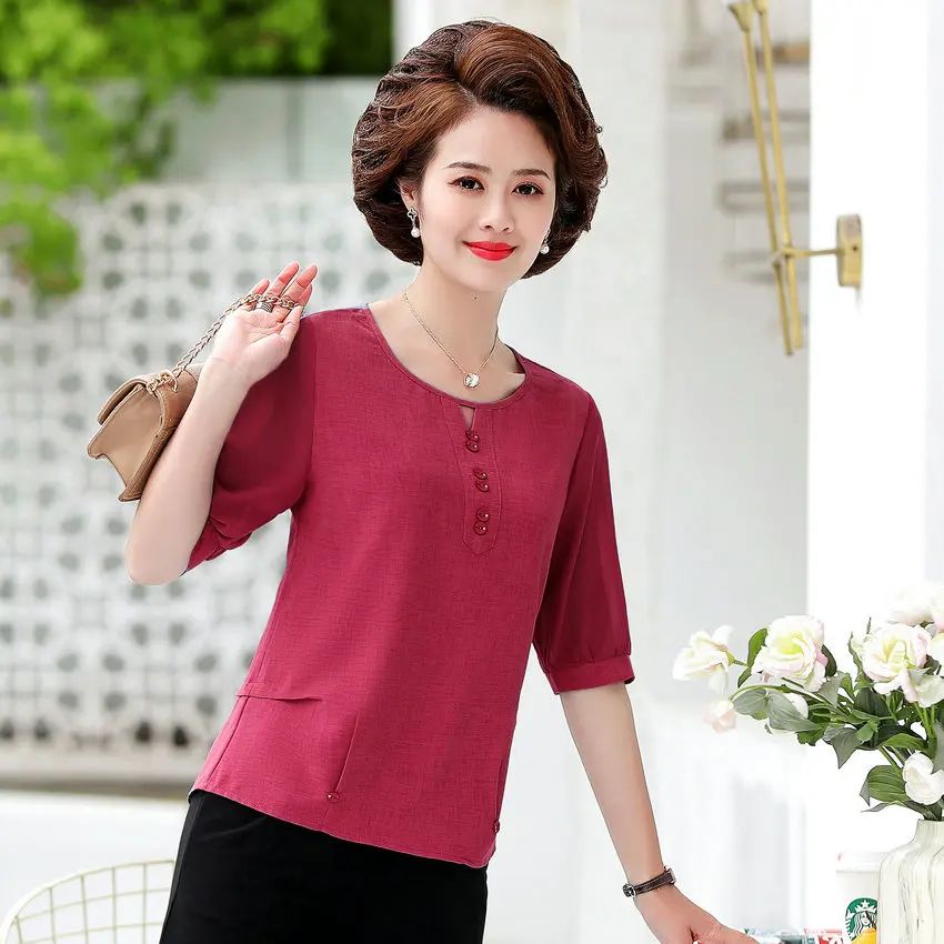

Mature Women Summer Blouse Pink Blue Red Short Sleeve Round Collar Buttons Decorate Design Top Middle Aged Ladies Clothes 5XL