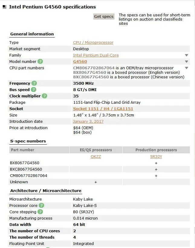 Процессор Intel Pentium G4560 3 Мб кэш памяти 5 ГГц 54 Вт LGA 1151 двухъядерный процессор для