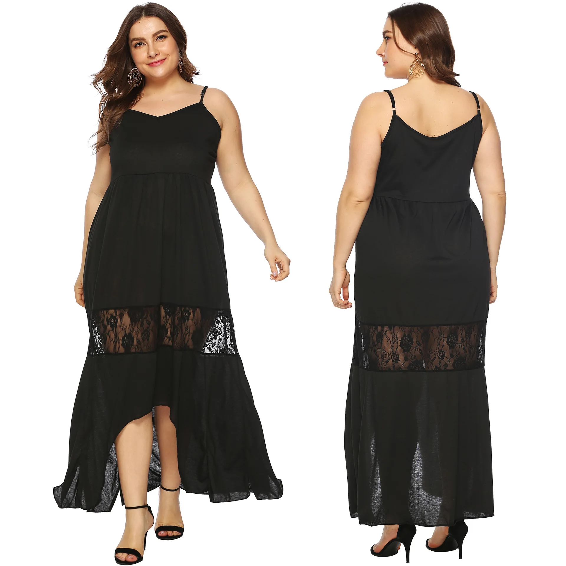 

Large Size Women's Irregular Lace Fight To Receive Hgh Waist Spaghetti Strap Dress Split V-neck Ankle-length Dress