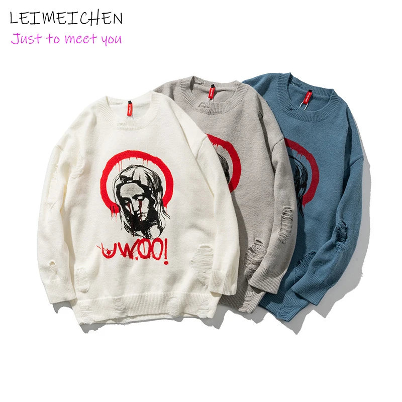 

LEIMEICHEN 2020A/W Japanese Retro Harajuku Men's Round Neck Sweater American Street Portrait Printed Hole Sweater Couple Top