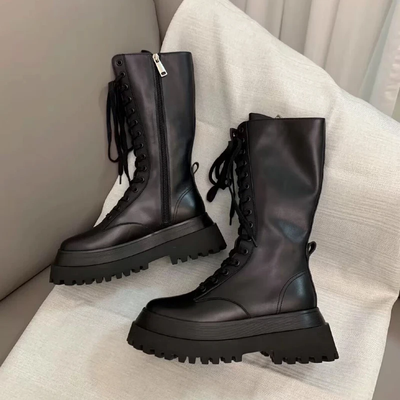 Не сужающийся книзу массивный женская меховая обувь на платформе Кожа Сапоги до