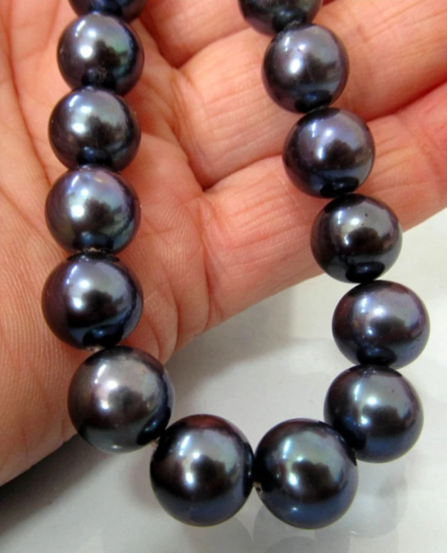 

Hot sale new Style >>>>> 9-10MM TAHITIAN NATURAL BLACK PEARL NECKLACE PERFECT ROUND 17''