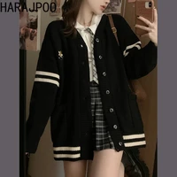 sweaters harajpoo ladies black v neck vintage coat women loose outwear 2021 new spring fall lazy striped knit harajuku clothing