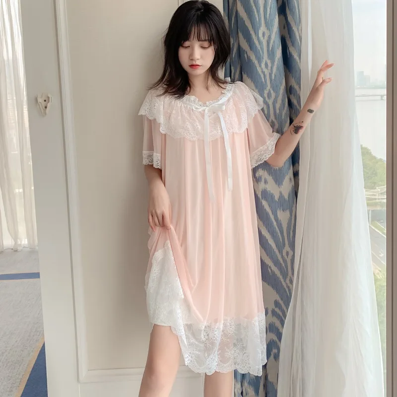 

Vintage Court Style Nightgown for Women 2021Summer Cute Lace Princess Long Sleeping Dress Short-Sleeved Modal Solid Nightwear