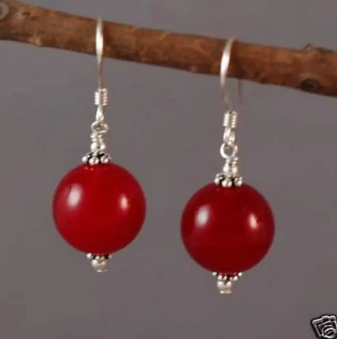 

Lovely tibet 12mm red Natural jade bead dangle 925 silver hook earrings 1 order