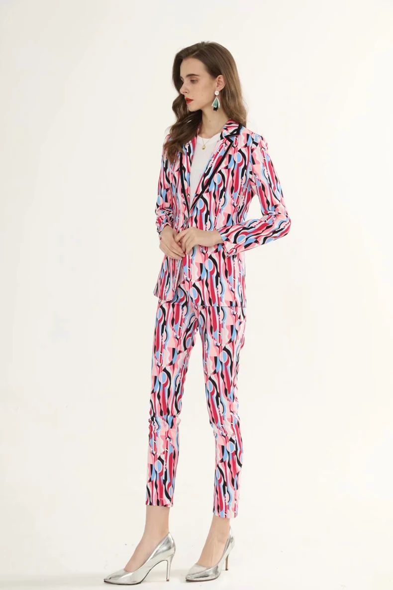 

Women's Runway Designer Twinsets Notched Collar Long Sleeves Printed Singer Button Blazers with Long Pants Fashion Two Piece Set