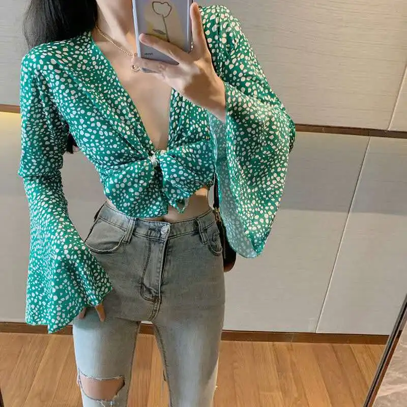 Женский сексуальный короткий топ с v-образным вырезом и цветочным принтом для