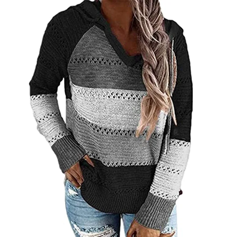 

2021 Autumn V Neck Patchwork Hooded Sweater Women Casual Long Sleeve Kintted Sweatshirt Tops Stripped Elegant Pullover Jumpers