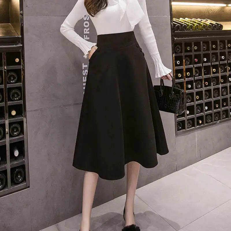 

2021 Winter Women Warm Elegant Lady Office Woolen Elastic High Waist Skirts Middle Long A-Line Skirt Ladies Skirt Female Y202