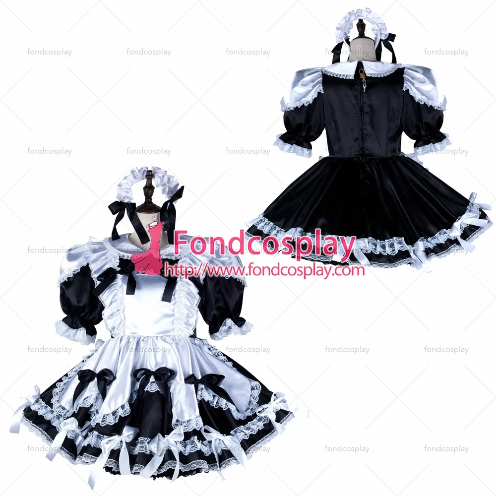 fondcosplay adult sexy cross dressing sissy maid short black white satin dress lockable Uniform costume Tailor-made[G2350] |