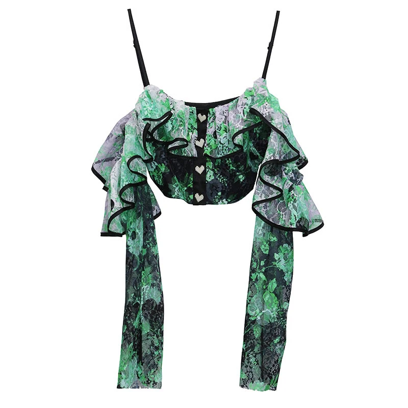 

[EAM] Women Green Printed Ruffles Blouse New Slash Neck Long Sleeve Loose Fit Shirt Fashion Tide Spring Summer 2021 1X875