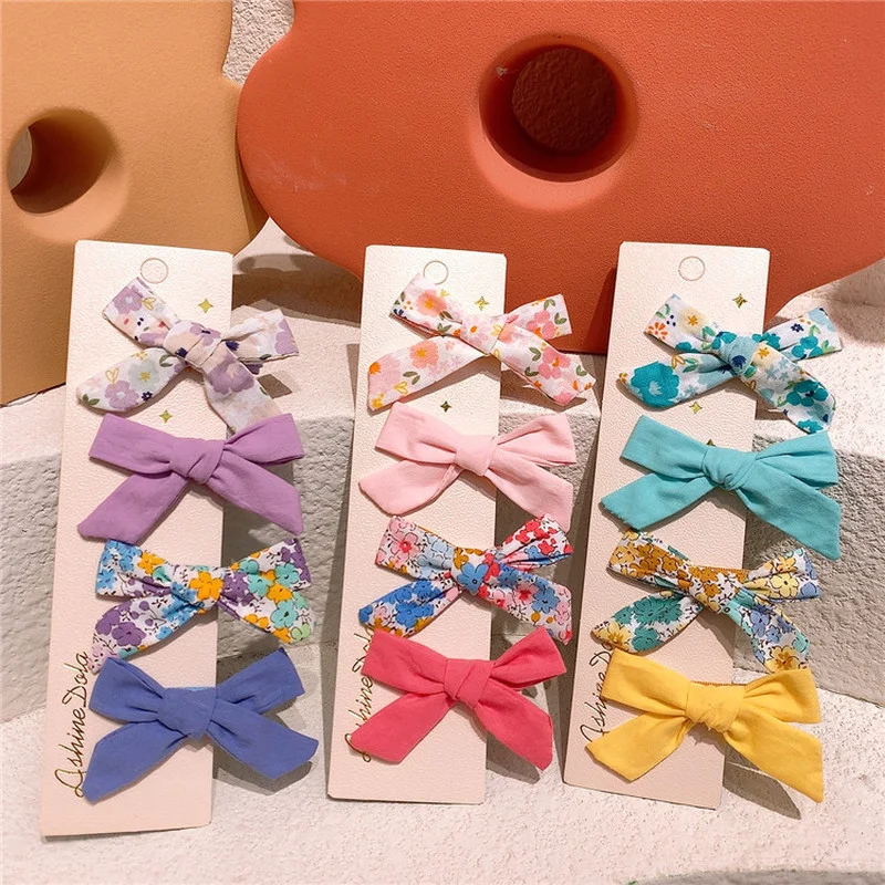 

4 Pcs Korean Children's Simple Small Fresh Floral Fabric Bow Duckbill Clip Sweet Girl Princess Fashion Hairpins Hair Accessories