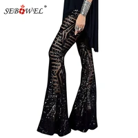 sebowel women black silver sequin glitter flare pants sequin trousers for female party dance high waist bell bottom long pants