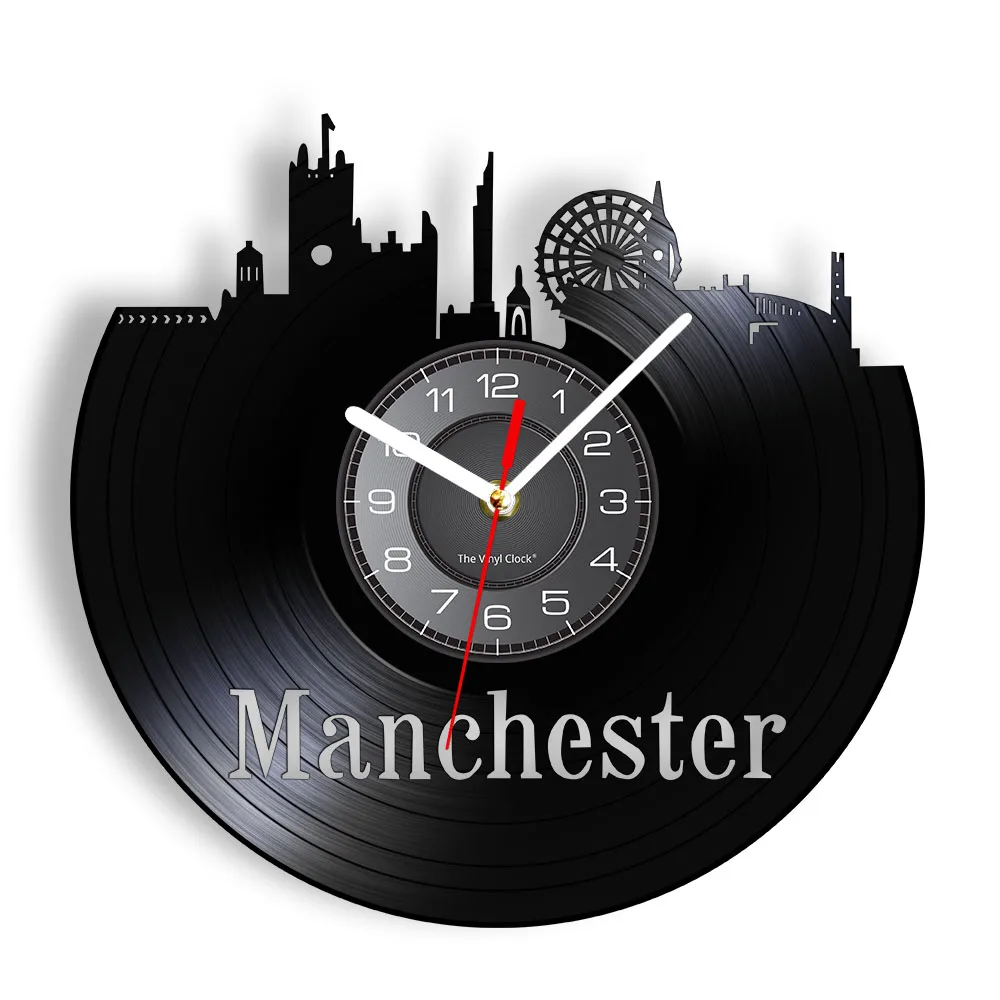 

Manchester Skyline Re-purposed Record Clock City Of England Cityscape Wall Watch Made Of Real Vinyl Record Hanging Wall Decor