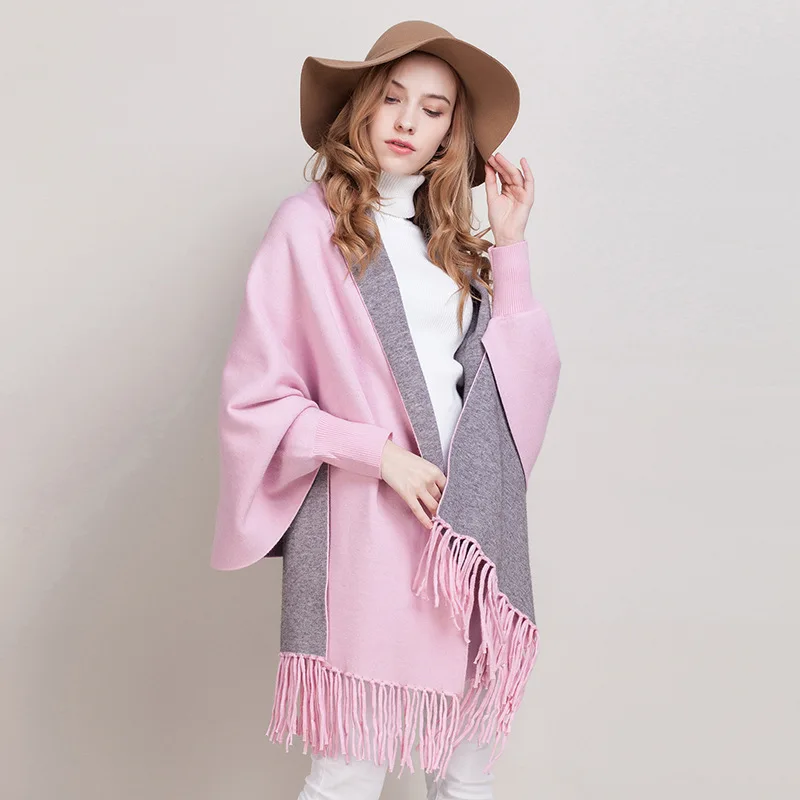 

Women Winter Capes Femme Hiver Loose Tassel Knitted Women Ponchos Sleeve Cardigan Long Ponchos and Capes Shawls Drop Shipping