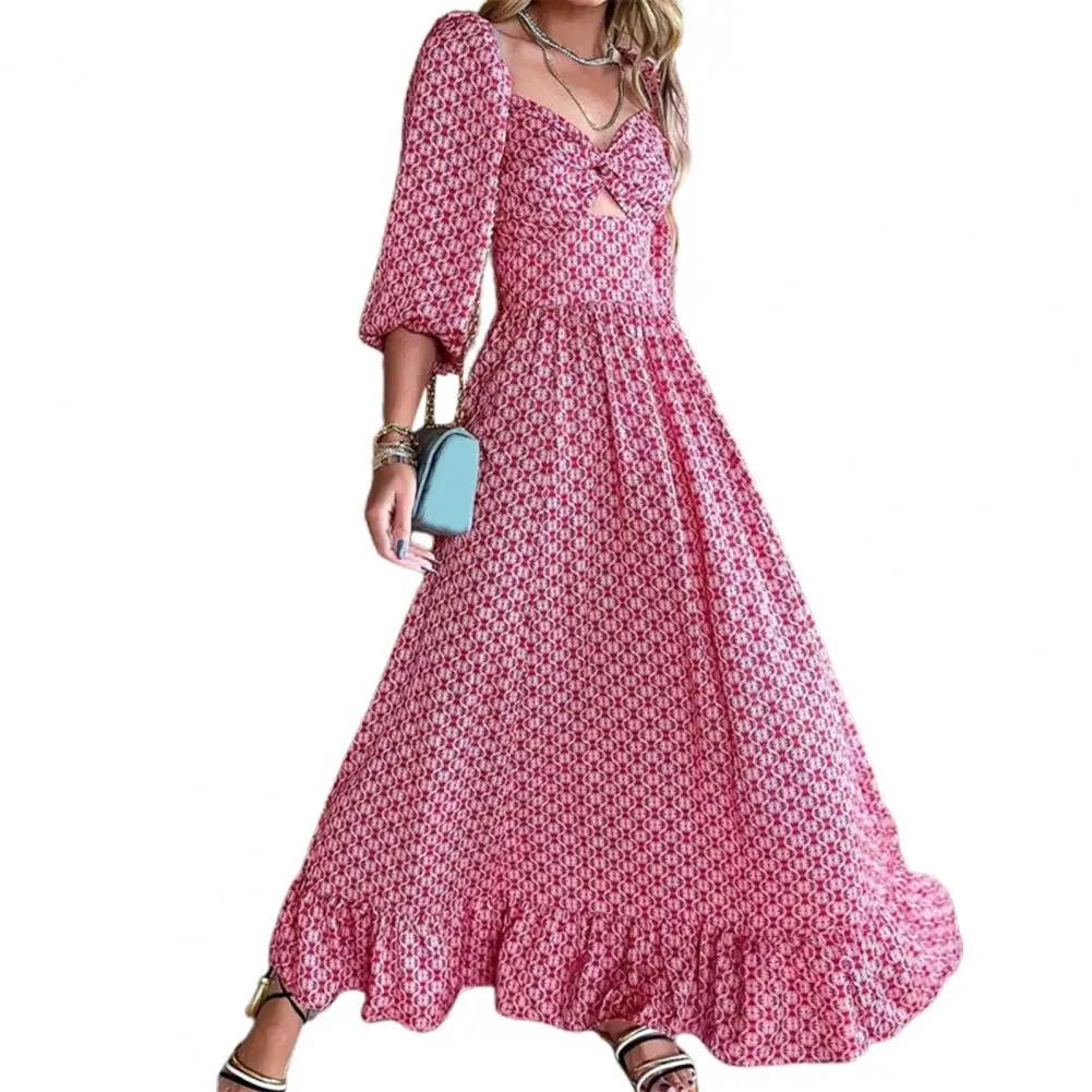 

Ladies Dress Ethnic Printing Wide Hem Hollow Out Lantern Sleeve Red Dress for Party drop shipping wholesale