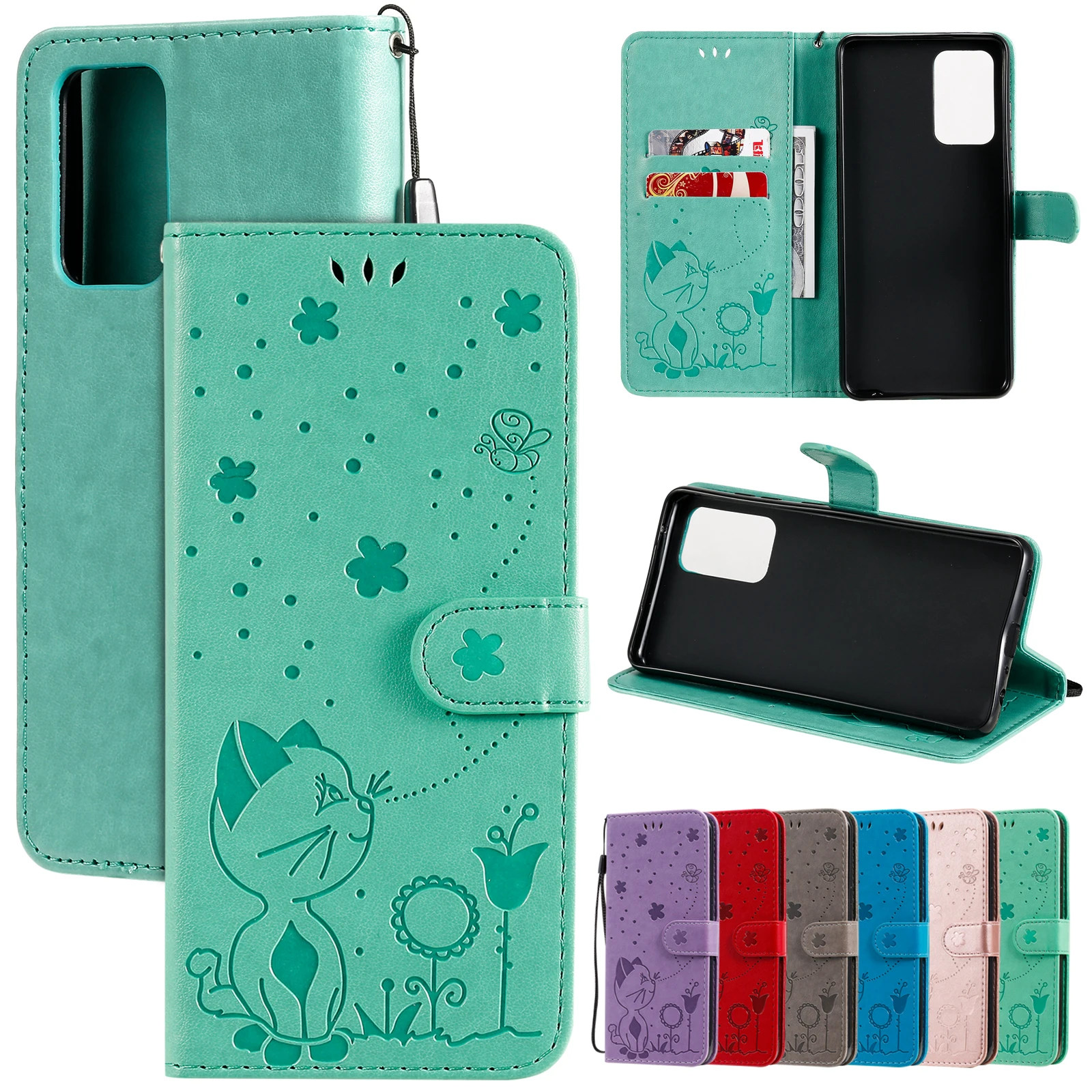

for Samsung Galaxy A02s A12 A32 A52 A72 S21 Plus S21 Ultra New 3D Embossing Cat and bee Flip PU Leather Wallet Case Stand Cover