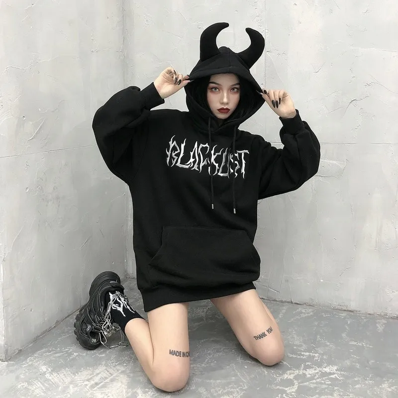 

Streetwear hoodie Black Punk Hooded Sweatshirts Letter Hand Print Gothic Women Long Hoodies Pullovers Fashion Winter Female Top