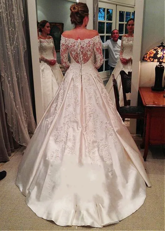 JIERUIZE Vintage Satin Wedding Dresses Boat Neck Illusion Long Sleeves Lace Appliques Beaded Zipper Back Bridal Gowns | Свадьбы и