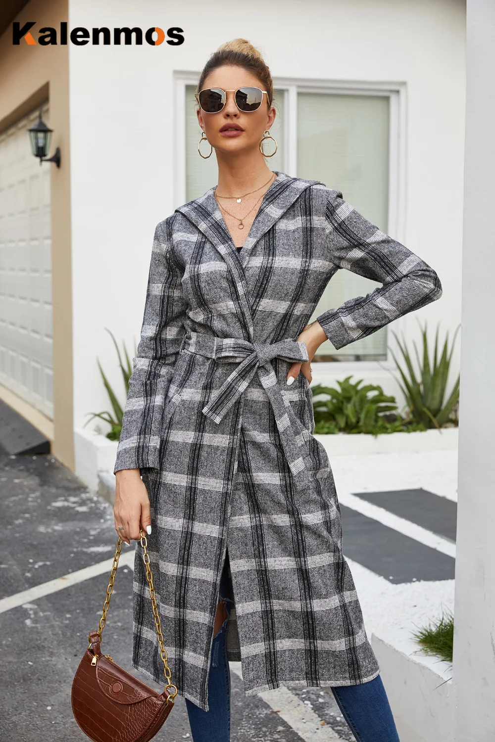 Клетчатое длинное пальто для женщин шерстяное с капюшоном Surchemise Francais куртки