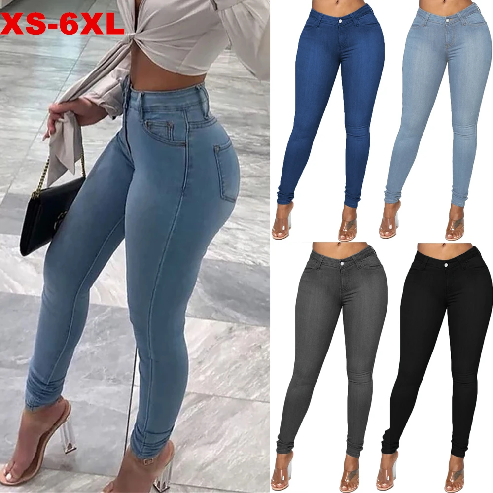 

2021 Fall/Winter Women's High Waist Jeans Skinny Stretch Denim Pants New Retro Blue Washed Slim Stretch Solid Color Pencil Pants