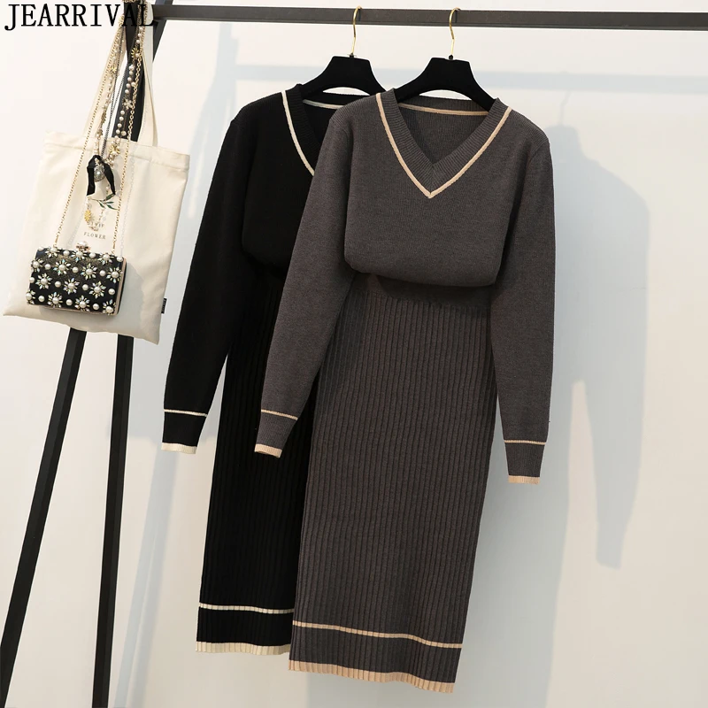 Осенне зимний женский комплект 2 шт. свитер теплый вязаный пуловер с v образным