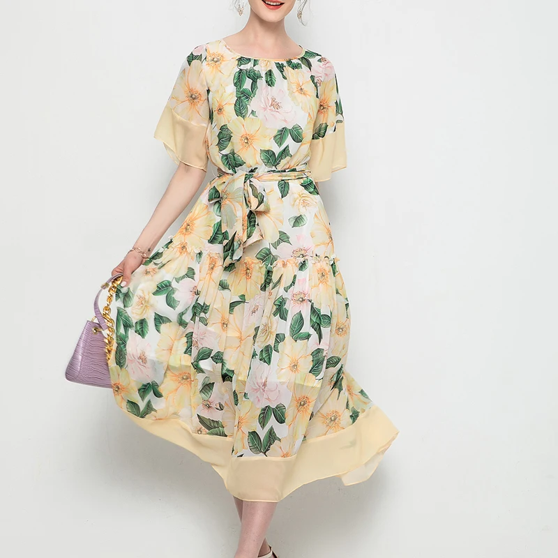 

2021 Summer New Style Bohemian Retro Print Flower Short Sleeve Belt Slim Fit Temperament Mid-Length Chiffon Dress High Quality