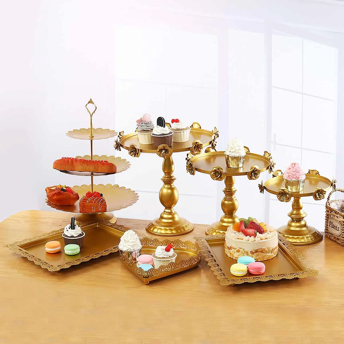

7Pcs Set Metal Cake Stand Set Fondant Cupcake Gold Rose Dessert Display Tools Wedding Party Decoration Bakeware Accessory