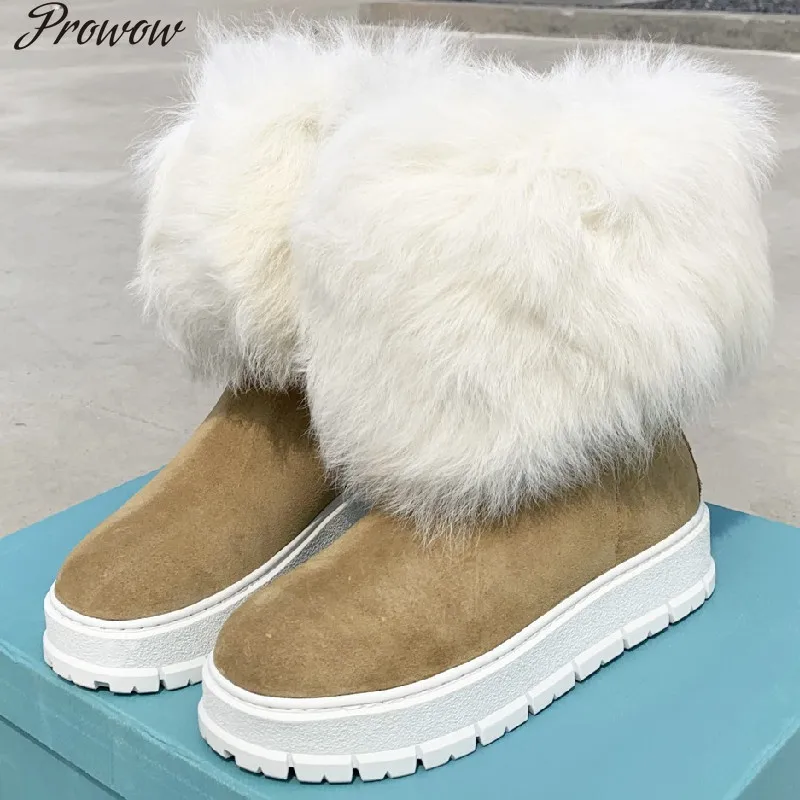 

Prowow High Top Wool Snow Boots Women Kid Suede Round Toe Fur Collar Comfortable Winter Shoes Female Warm Short Botas 2021