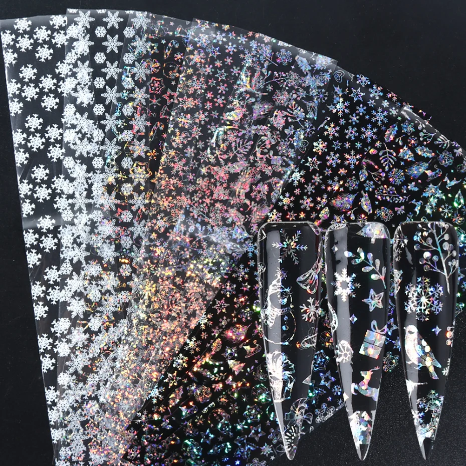 10pc Holographic Nail Art Transfer Foil Set Christmas Design Water Sticker Manicure Gel Wraps Adhesive Xmas Slider LAA21-2 | Красота и