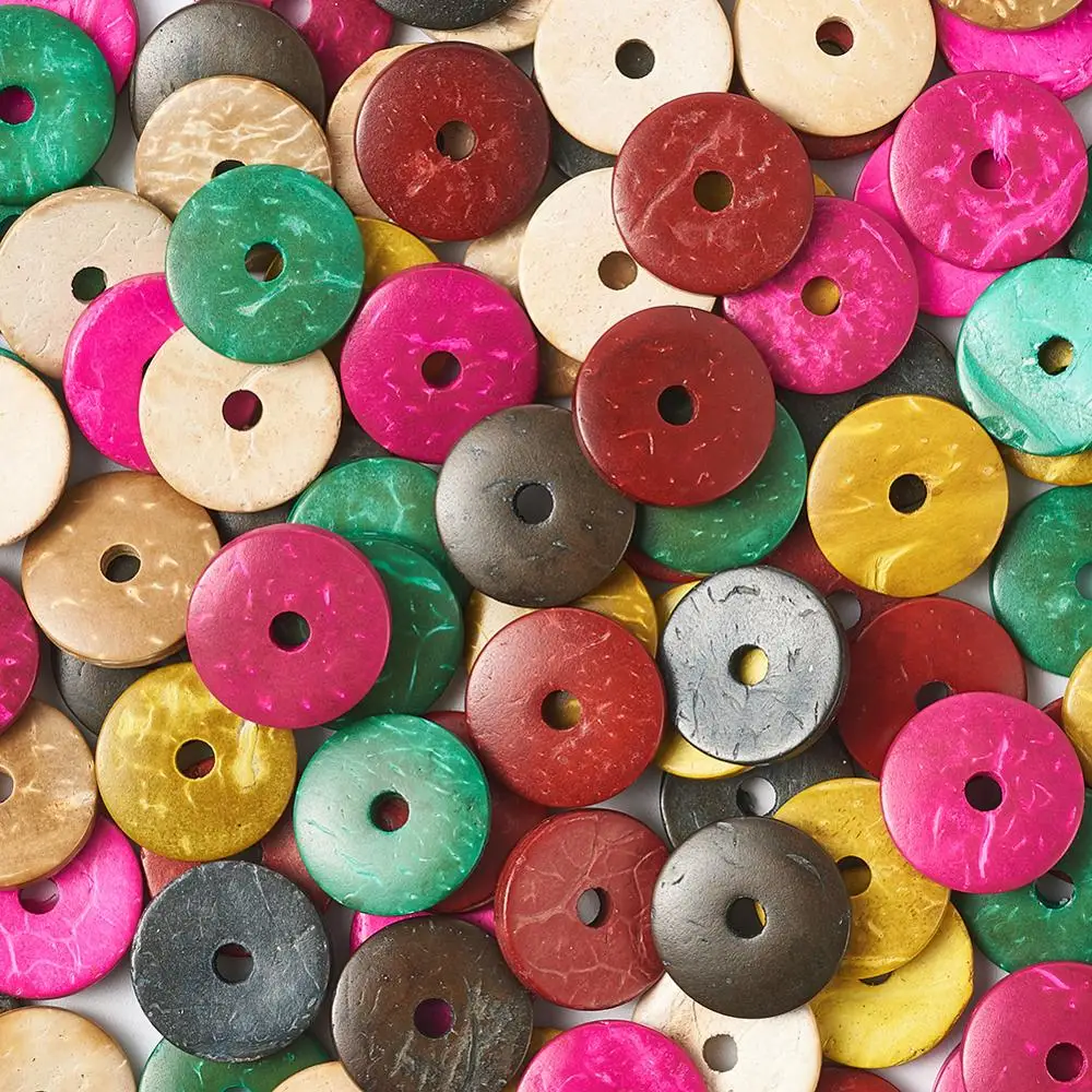 

100pcs 15x3mm Mixed Flat Round Coconut Spacer Loose Beads Wheel Donut Bead for Jewelry Making Hole:3mm